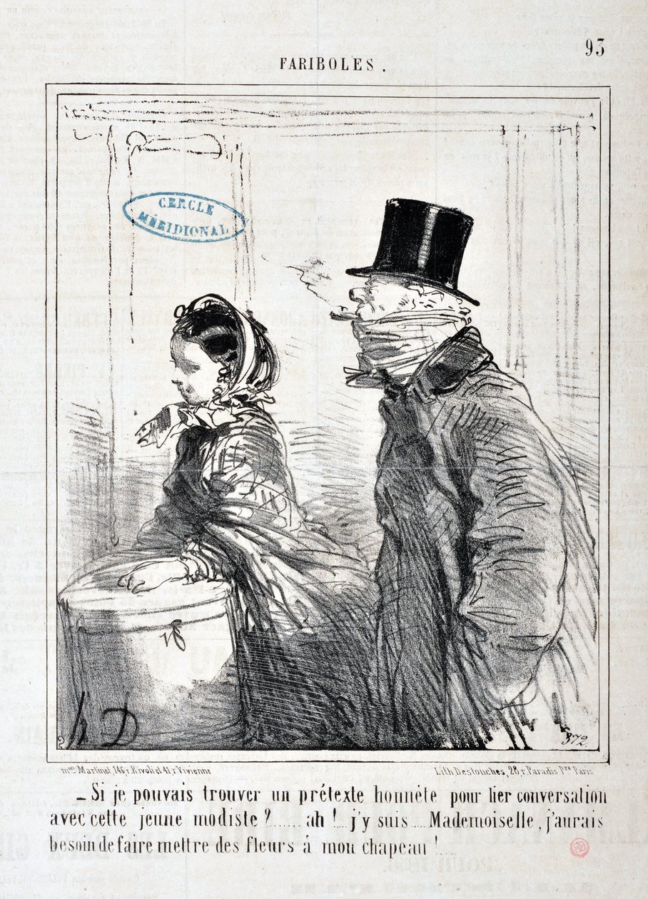 Obra de Honoré Daumier (1808-1879). Charivari: Serie FARIBOLES “-Si pudiera encontrar un pretexto honesto para iniciar una conversación con este joven modelo?... ¡Ah! ya sé... señorita, ¡necesito poner flores en mi sombrero!” MUSEO DE BELLAS ARTES - PALACI de Honoré Daumier