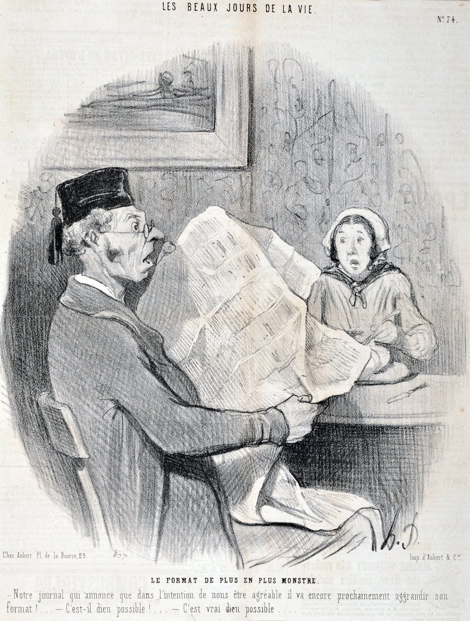 Serie THE BEAUTY DAYS OF LIFE. El formato cada vez más monstruoso "-Nuestro periódico que anuncia que para ser agradable contigo pronto aumentará aún más su formato! ¿Es posible dios?" de Honoré Daumier