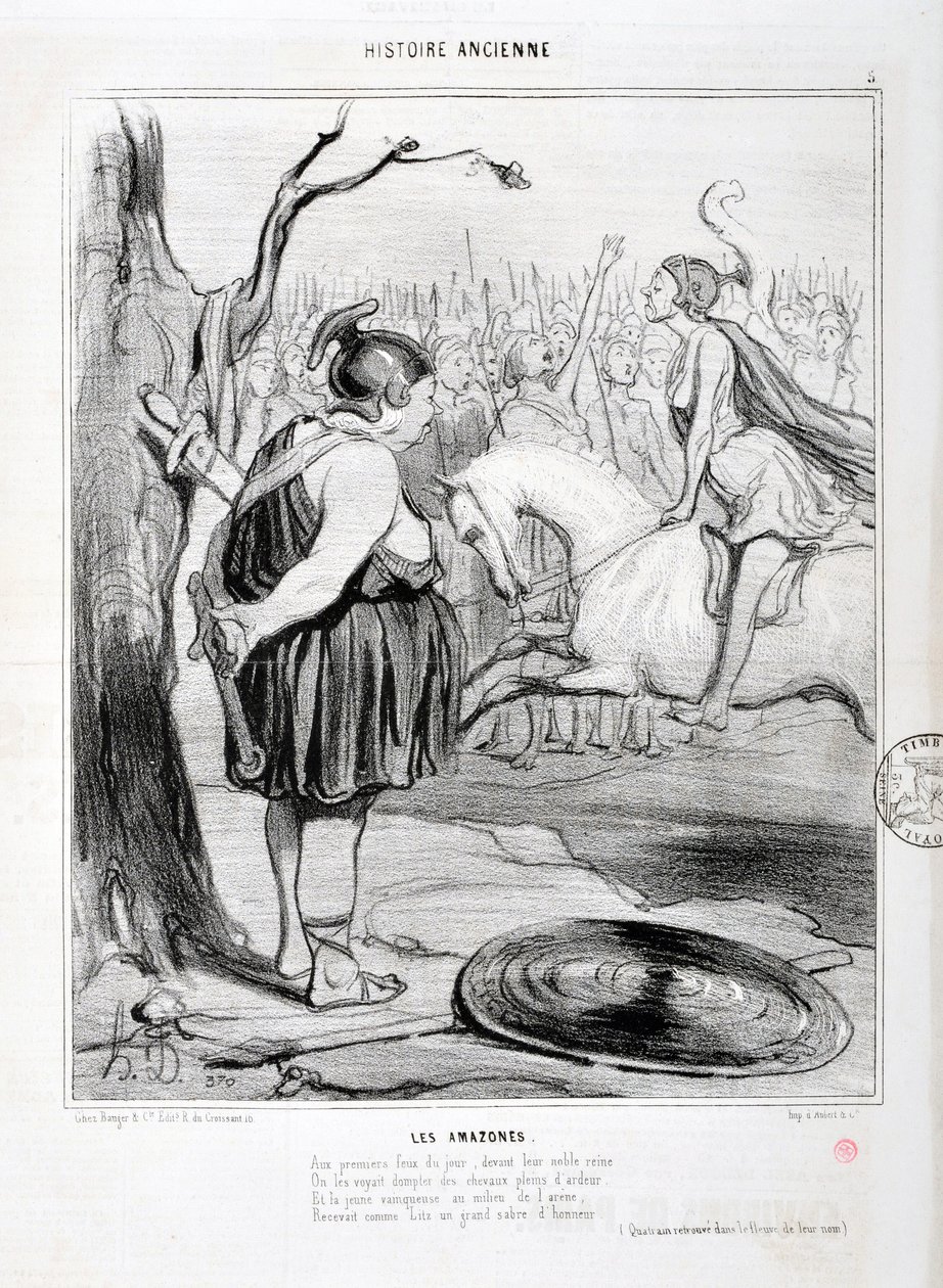Obra de Honoré Daumier (1808-1879). Charivari data de 1842: Serie HISTORIA ANTIGUA Las Amazonas. "Al primer fuego del día, ante su noble reina, se las vio domando caballos llenos de ardor. Y el joven vencedor en medio de la arena recibió..." de Honoré Daumier