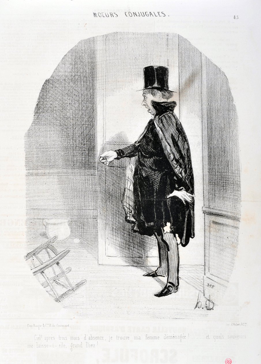 Obra de Honoré Daumier (1808-1879). Charivari data de 1842: Serie MORES CONJUALES Cielo después de tres meses de ausencia encuentro a mi esposa demenagee y qué recuerdos lavo su gran Dios! MUSEO DE BELLAS ARTES - PALACIO LONGCHAMP, MARSELLA de Honoré Daumier