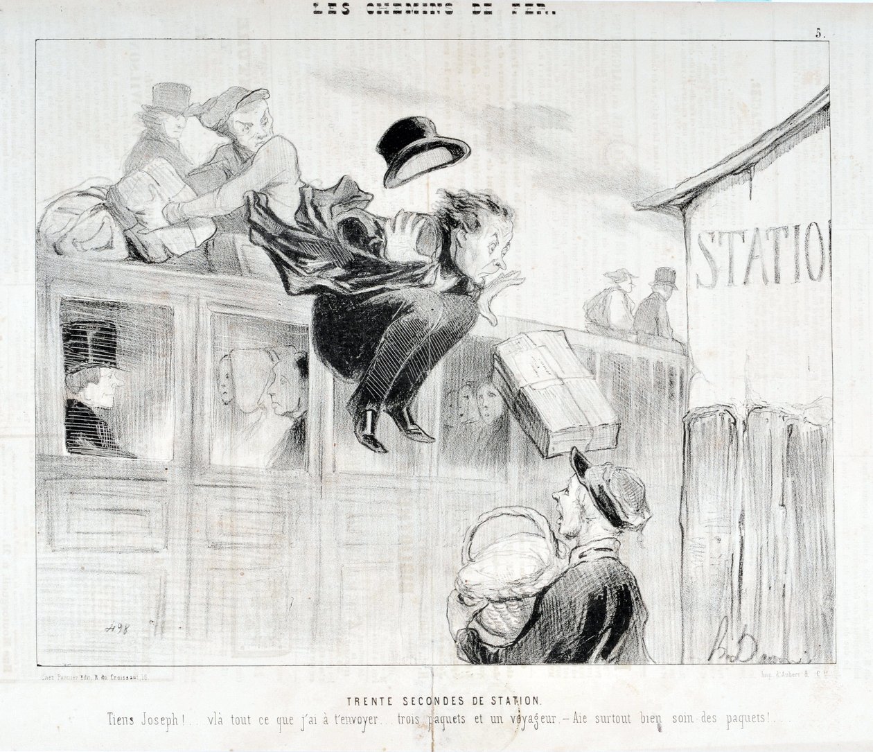 Serie Les Chemins de fer: Treinta segundos de estación - ¡Tiens Joseph! ¡Vla todo lo que tengo que enviarte... tres paquetes y un viajero - Sobre todo, cuida de los paquetes! MUSEO DE BELLAS ARTES de Honoré Daumier