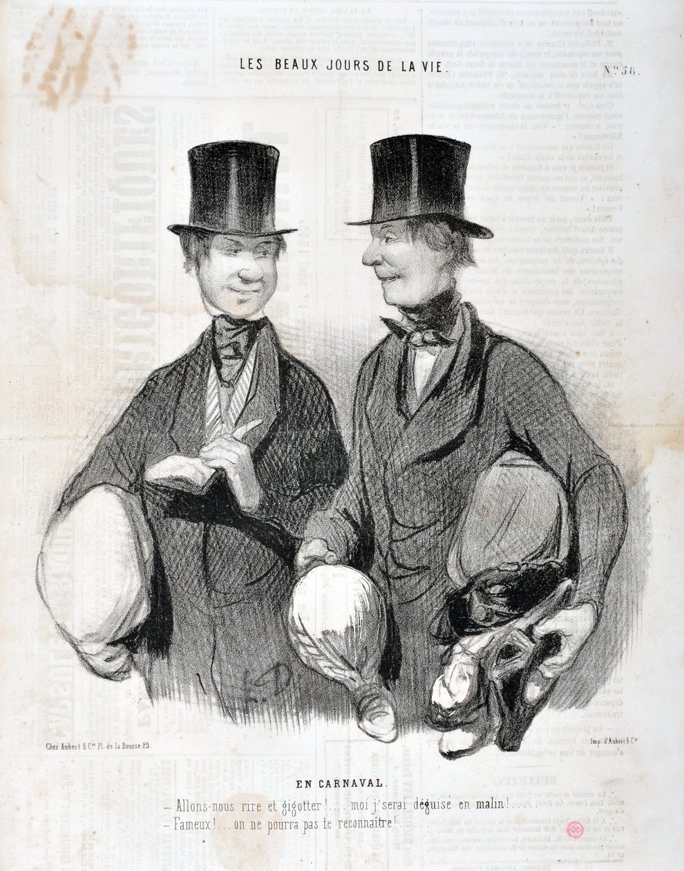 Obra de Honoré Daumier (1808-1879). Charivari data de 1845: Serie LES BEAUX DAYS DE LA VIE. En Carnaval -¡Ríe y gigotea! ¡Estaré decepcionado tan inteligente! ¡Famoso! No podemos reconocerte... MUSEO DE BELLAS ARTES - PALACIO LONGCHAMP, MARSELLA de Honoré Daumier
