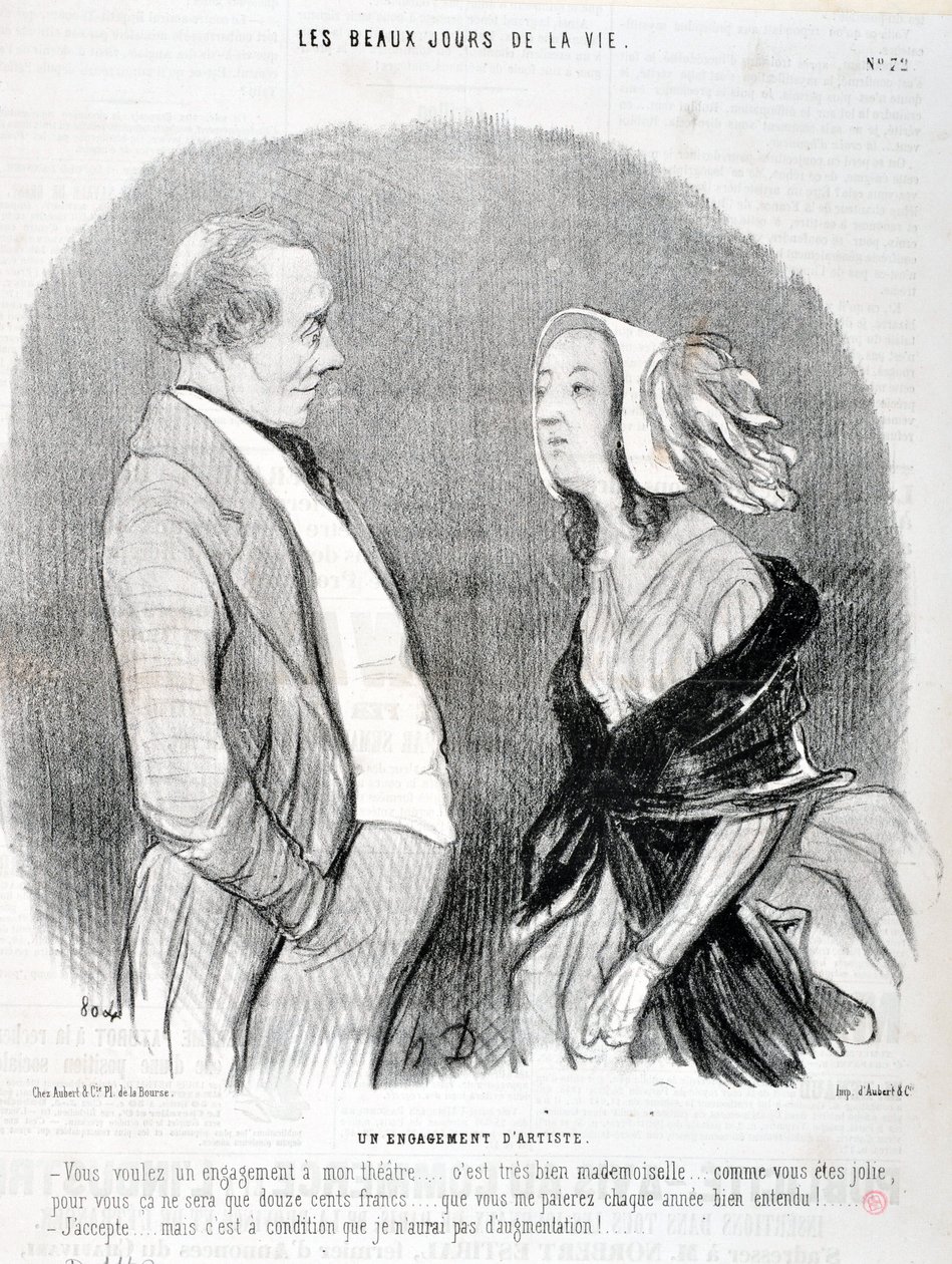 Serie LES BEAUX DAYS DE LA VIE. El compromiso de un artista "Quieres un compromiso para mi teatro... está muy bien señorita... qué bonita eres, para ti solo serán mil doscientos francos..." de Honoré Daumier