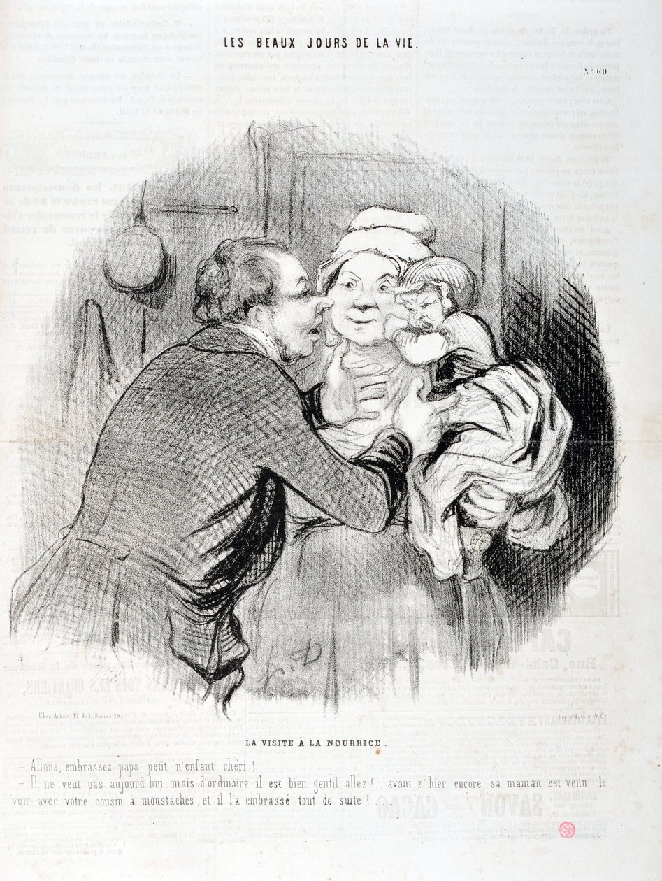 Obra de Honoré Daumier (1808-1879). Charivari data de 1848: Serie Los buenos días de la vida. La visita a la nodriza - Vamos a besar al papá, pequeño niño querido - Hoy no quiere, pero usualmente... MUSEO DE BELLAS ARTES - PALACIO LONGCHAMP, MARSELLA de Honoré Daumier