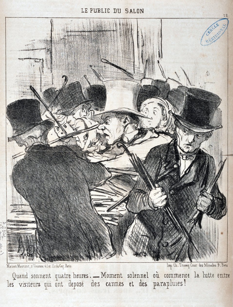 Serie LE PUBLIC DU SALON - “Cuando suenan las cuatro horas.- momento solemne o comienza la lucha entre los visitantes que han depositado bastones y paraguas” de Honoré Daumier