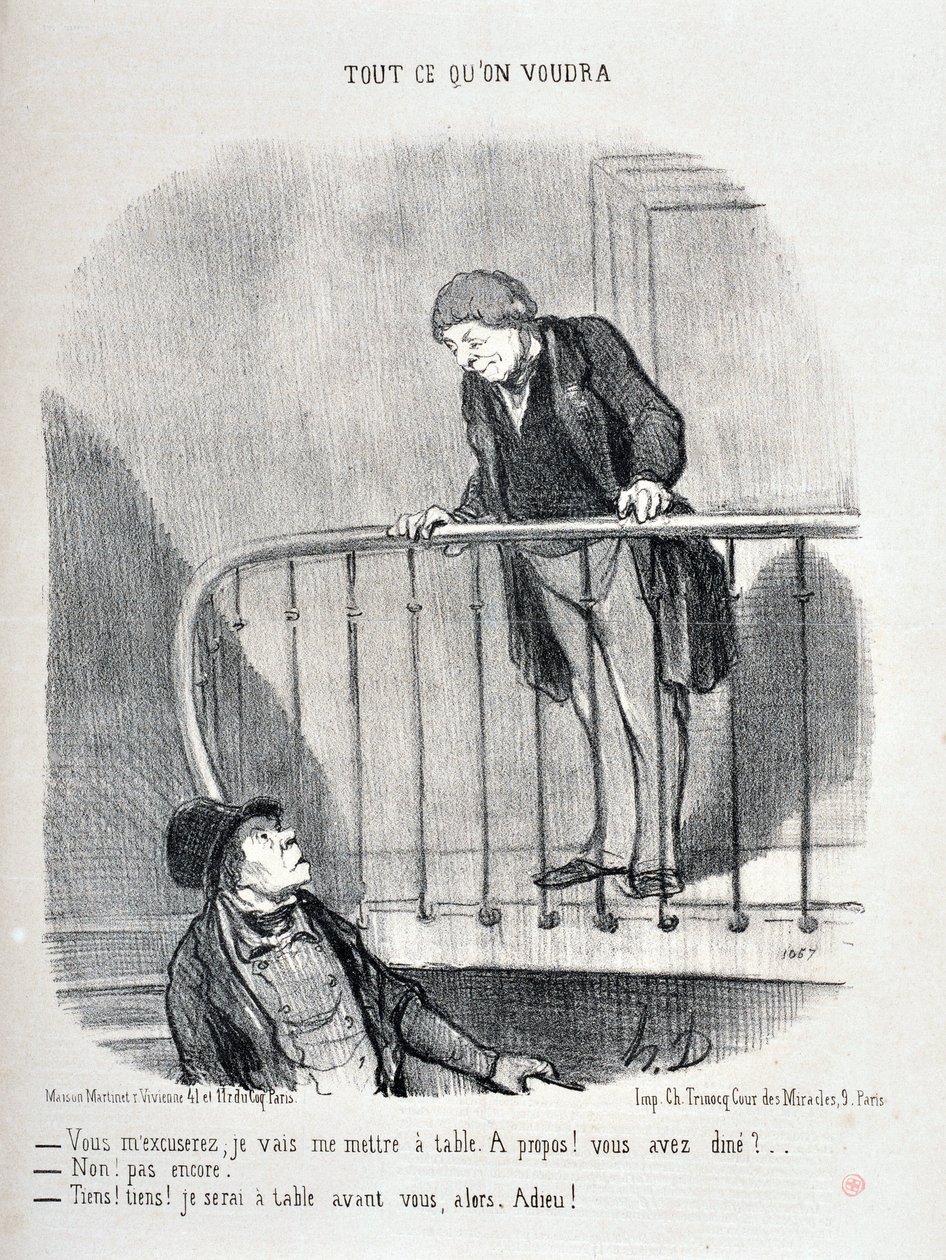 Obra de Honoré Daumier (1808-1879). Charivari data de 1853: Serie TODO LO QUE QUIERAS "Disculpa, me sentaré a la mesa. ¿Sobre ella? ¿Cenaste? - No, aún no. "Bueno, bueno, estaré en la mesa antes que tú" MUSEO DE BELLAS ARTES - PALACIO LONGCHAMP de Honoré Daumier