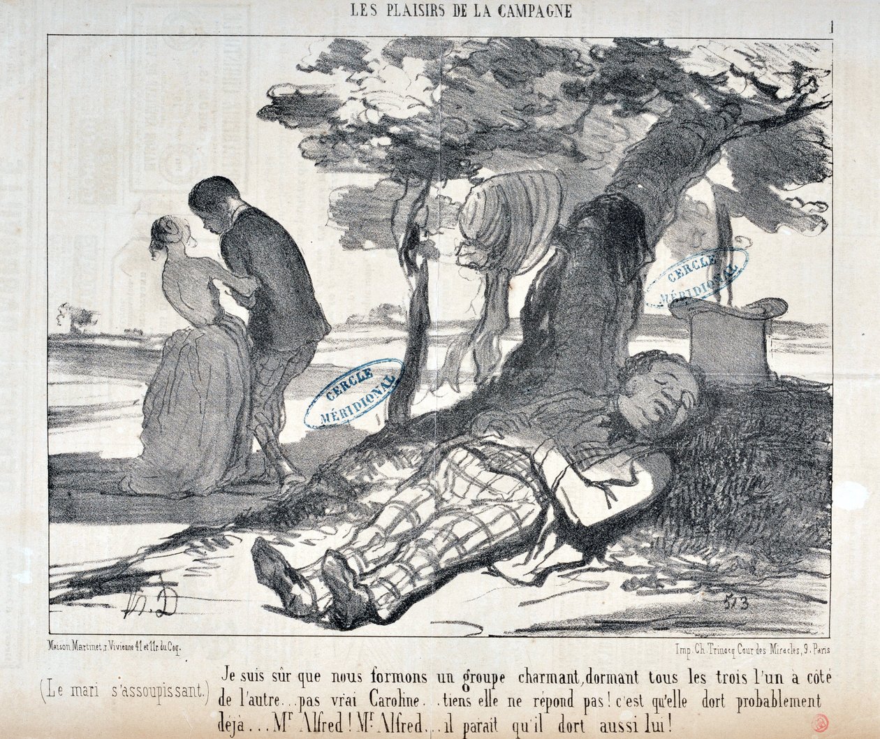 Serie LES PLAISIRS DE LA CAMPAGNE "Estoy seguro de que formamos un grupo encantador, los tres uno al otro... ¿verdad Caroline?... mira, no responde! Probablemente ya está dormida" de Honoré Daumier
