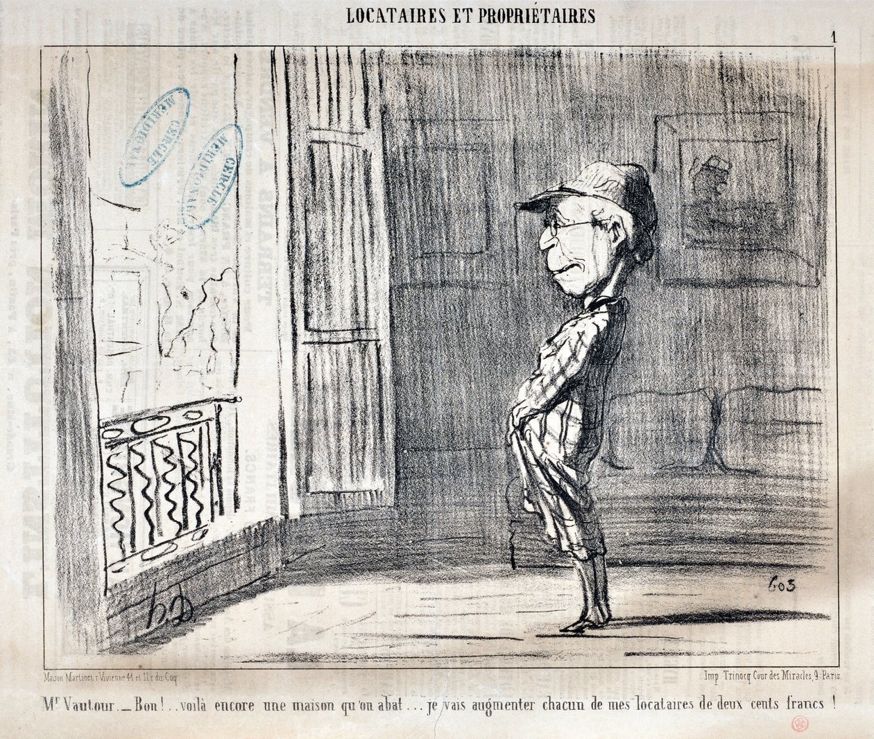 Obra de Honoré Daumier (1808-1879). Charivari data de 1854: Serie TÉCNICAS Y OFICIOS "Sr. Vautour - ¡Bien!... Esta es otra casa siendo derribada... ¡Aumentaré a cada uno de mis inquilinos en doscientos francos!" MUSEO DE BELLAS ARTES - PALACIO LONGCHAMP de Honoré Daumier