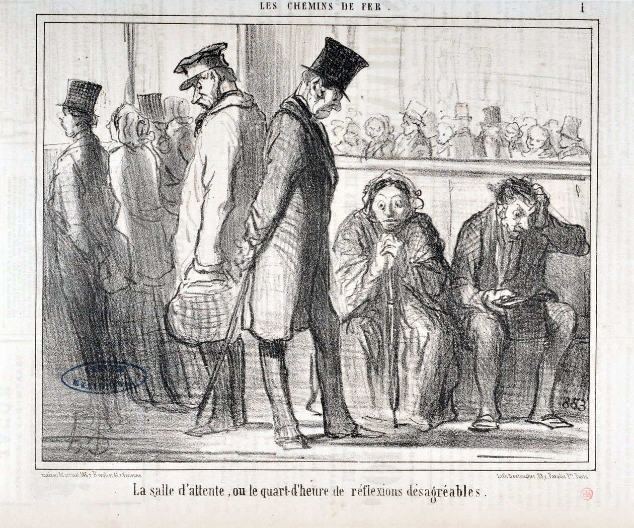 Obra de Honoré Daumier (1808-1879). Charivari data de 1855: Serie LES Chemins de fer La sala de espera o el cuarto de hora de reflexiones desagradables MUSEO DE BELLAS ARTES - PALACIO LONGCHAMP, MARSELLA de Honoré Daumier