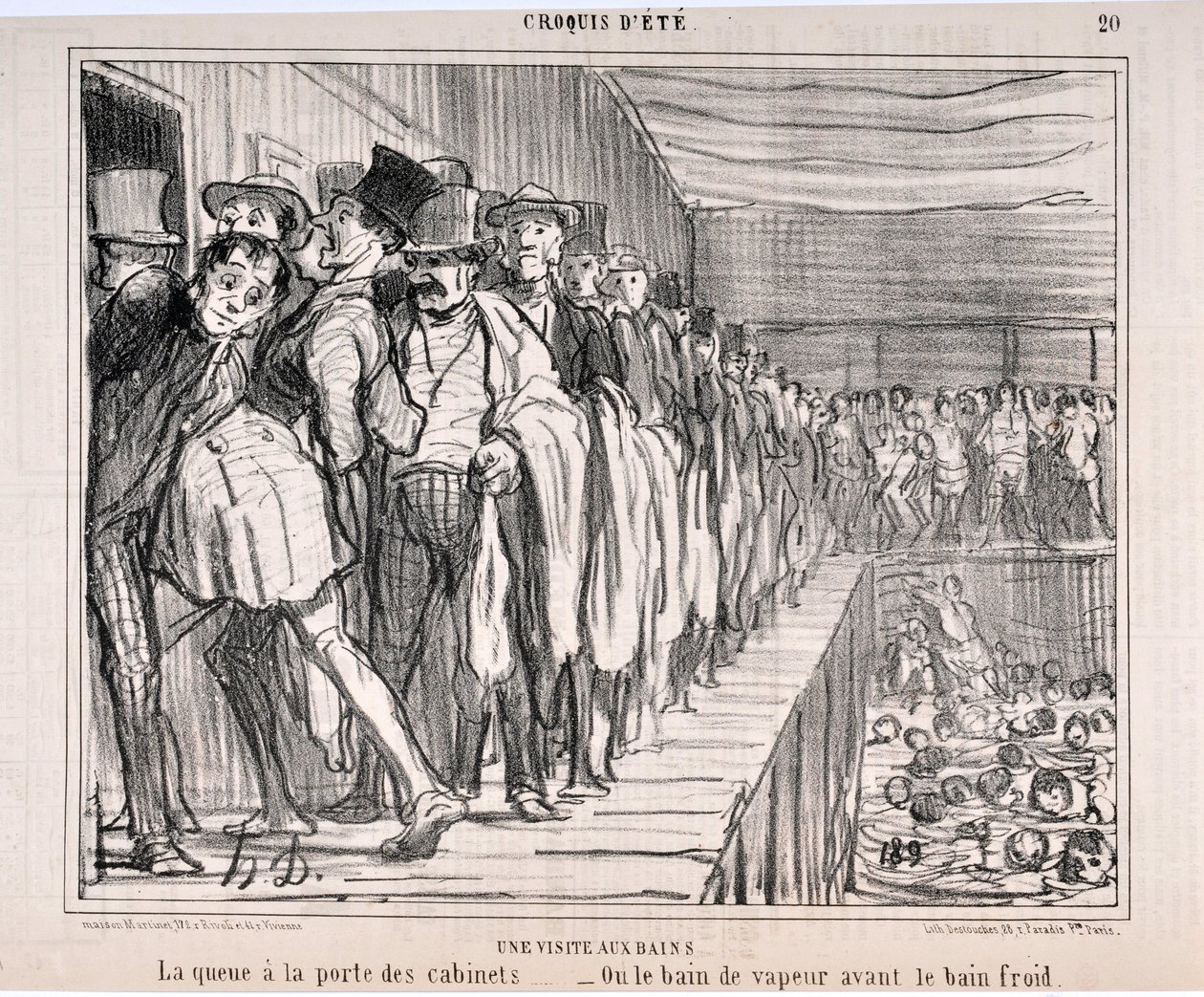 Obra de Honoré Daumier (1808-1879). Charivari data de 1858: Serie CRUQUIS DE VERANO. Una visita a los baños “La cola en la puerta de los gabinetes... - O el baño de vapor antes del baño frío” MUSEO DE BELLAS ARTES - PALACIO LONGCHAMP, MARSELLA de Honoré Daumier