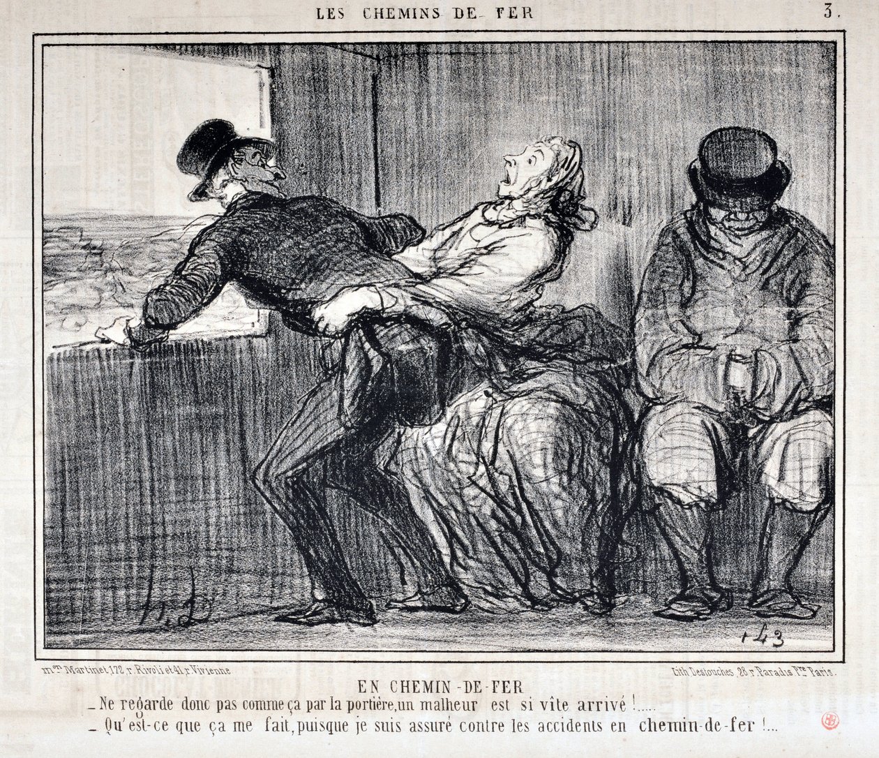 Obra de Honoré Daumier (1808-1879). Charivari data de 1858: Serie LOS FERROCARRILES “-Así que no mires así por la puerta, ¡un infortunio viene tan rápido!... - ¿Qué me importa, si estoy asegurado contra accidentes en el ferrocarril?” de Honoré Daumier