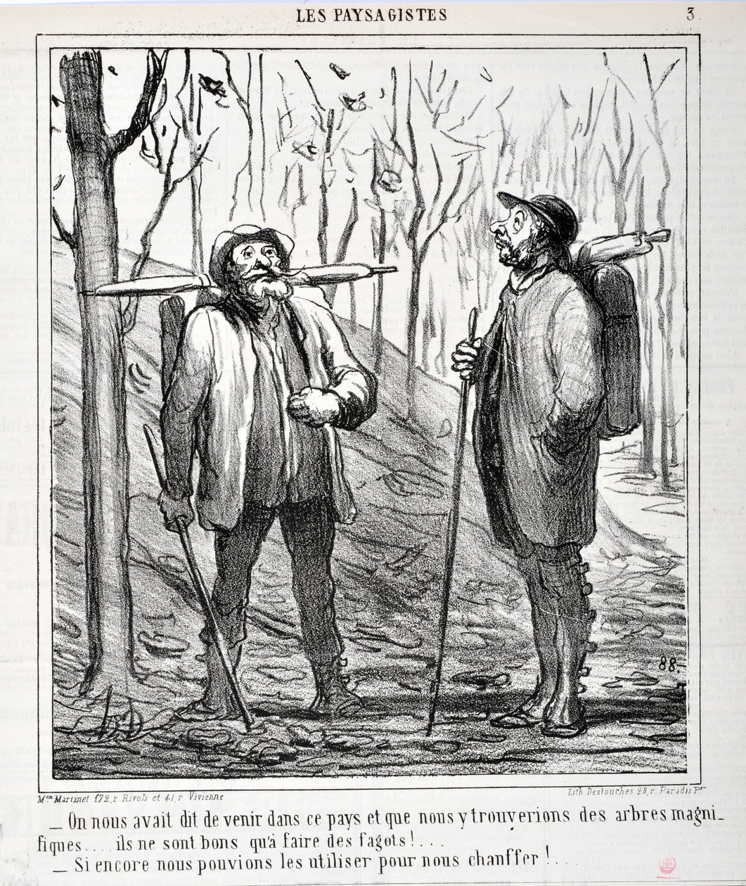 Serie Les Landsagists: - Nos dijeron que viniéramos a este país y que encontraríamos hermosos árboles... ¡son buenos para hacer fagots!... ¡Si pudiéramos usarlos para calentarnos!... MUSEO DE BELLAS ARTES de Honoré Daumier