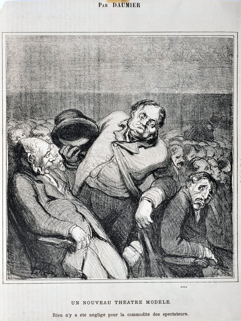 Obra de Honoré Daumier (1808-1879). Charivari data de 1864: Serie Sketches Tomados en el Teatro Un nuevo modelo de teatro. Nada se ha descuidado para la comodidad de los espectadores MUSEO DE BELLAS ARTES - PALACIO LONGCHAMP, MARSELLA de Honoré Daumier