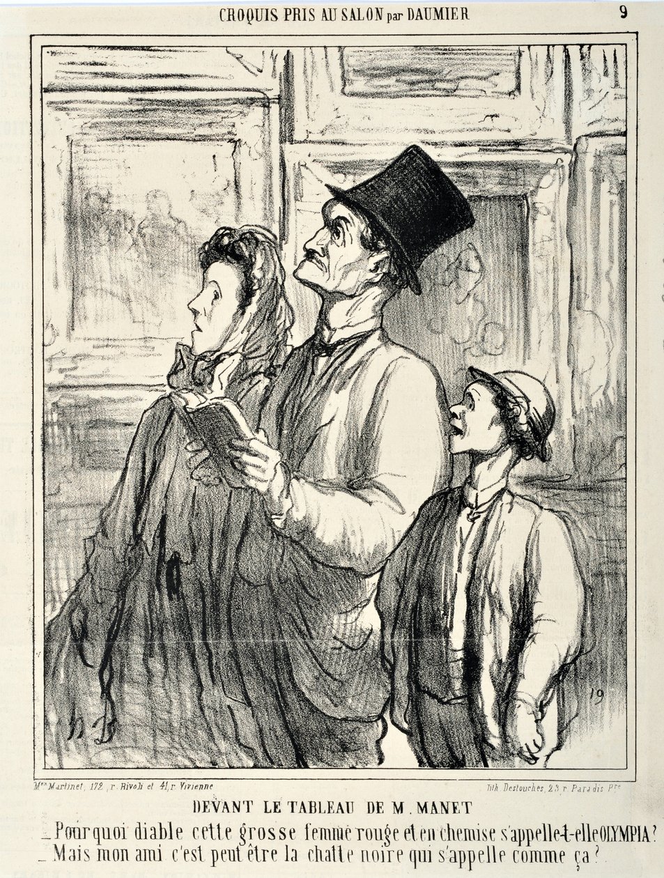 Obra de Honoré Daumier (1808-1879). Charivari data de 1865: Serie CRUQUIS PAUIT EN EL SALÓN. Delante de un cuadro de Manet “-¿Por qué diablo esta mujer gorda y roja en camisa se llama Olympia? - Pero amigo mío, ¿quizás el gato negro se llama así? MUSEO DE  de Honoré Daumier