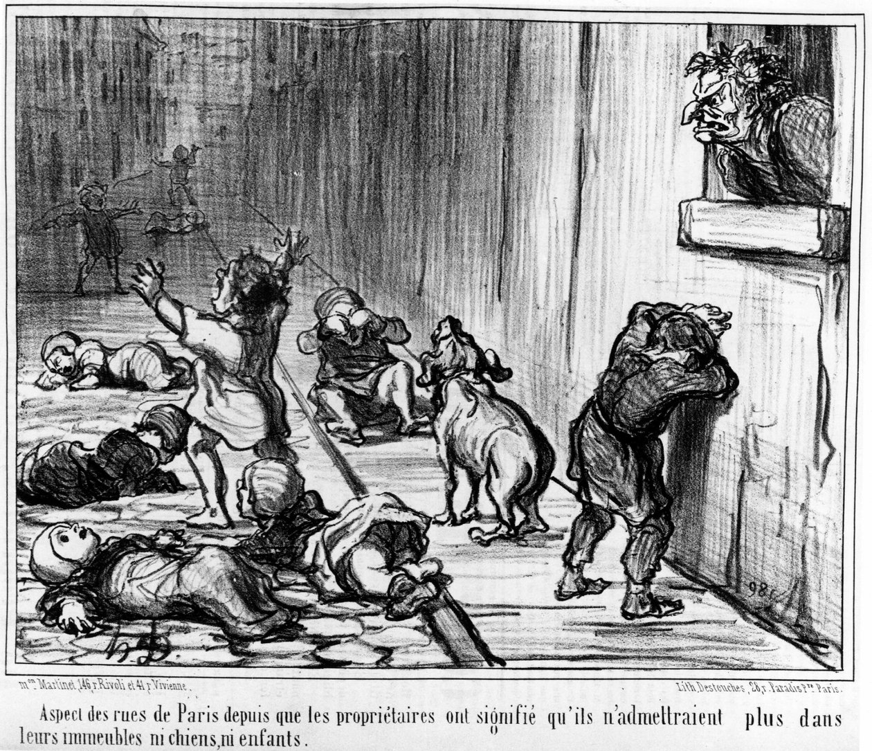 Aspecto de las calles de París desde que los propietarios dijeron que ya no admitirían en sus edificios ni perros ni niños, tomado de “Inquilinos y Propietarios”, una serie de caricaturas de Honoré Daumier. “Charivari” de Honoré Daumier