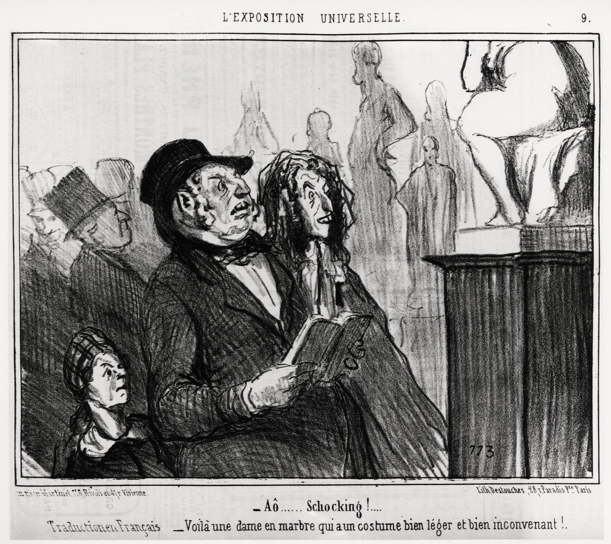 En la Exposición Mundial: "¡ao... escandaloso!", traducción francesa: aquí hay una dama de mármol que tiene un traje muy ligero e inadecuado. Ilustración de Honoré Daumier (1808-1879), publicada en las noticias, "Charivari", con fecha 1 de junio de Honoré Daumier