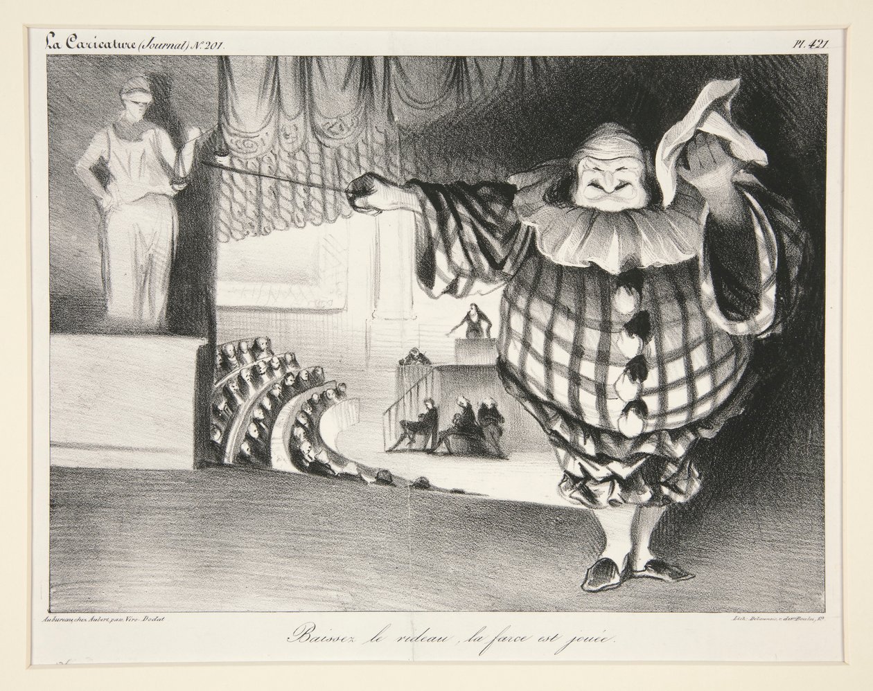 Baissez le rideau, la farce est jou?e. (Bajen el telón, se acabó la farsa.), pl. 421 de la revista La Caricatura no. 201 de Honoré Daumier