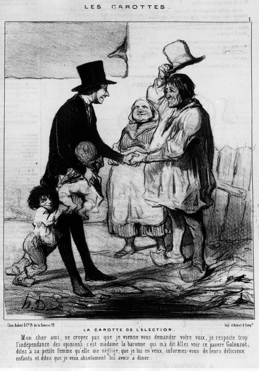 Candidato para la elección visita a una familia de campesinos: "La zanahoria de la elección" - caricatura de Daumier, en "Charivari" del 21/03/1844 de Honoré Daumier