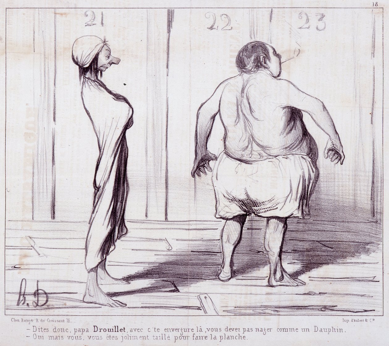 Caricatura sobre apariencias. Serie "Los Bañistas": Dile a papá Drouillet... Grabado de Honoré Daumier (1808-1879). Extracto del periódico "Le Charivari" de Honoré Daumier