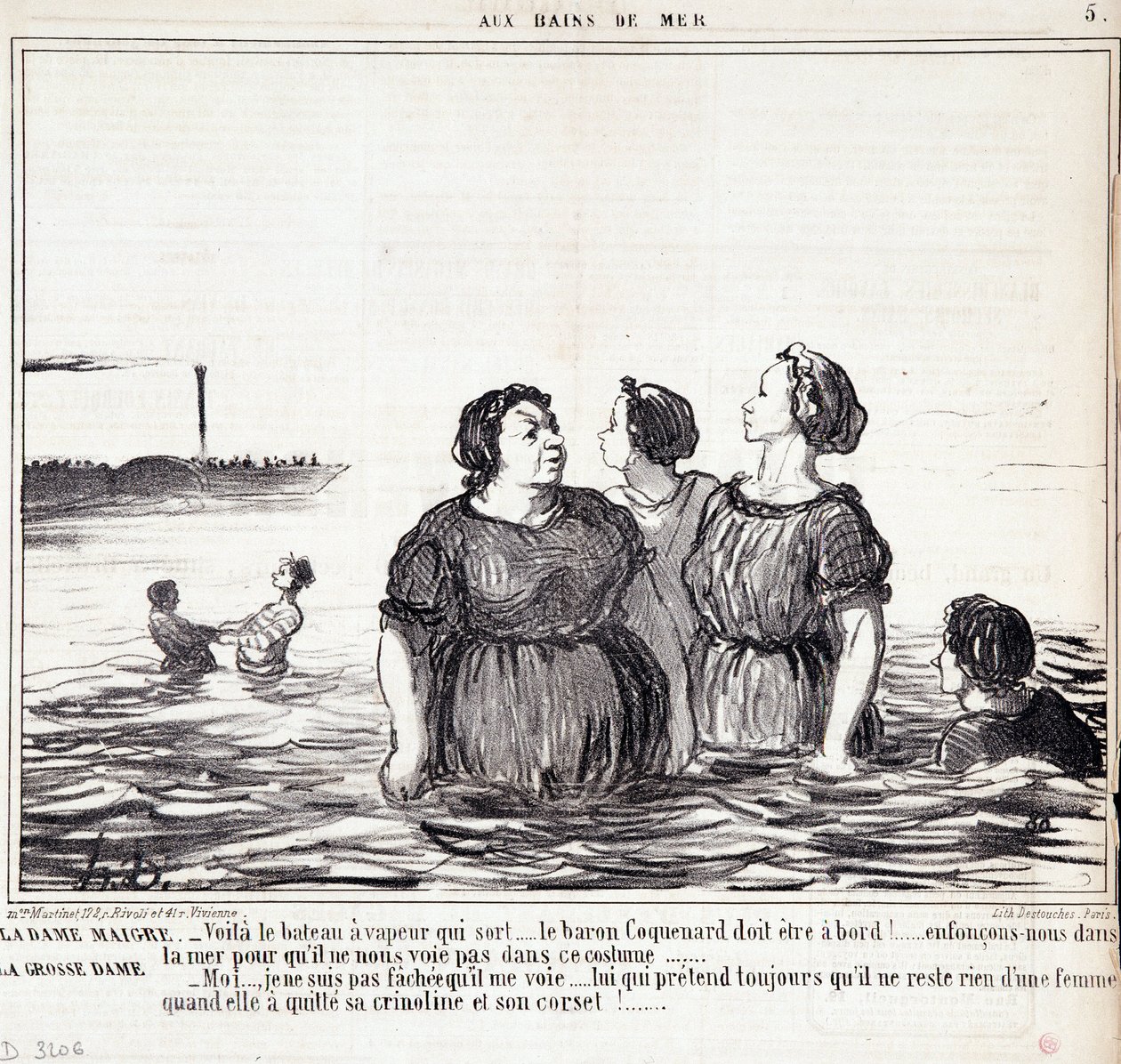 Caricatura sobre apariencias y moda. Serie “Les Bains de Mer”: La dama delgada (...), la dama gorda (...). Extracto del periódico “Le Charivari” 16 de septiembre de Honoré Daumier