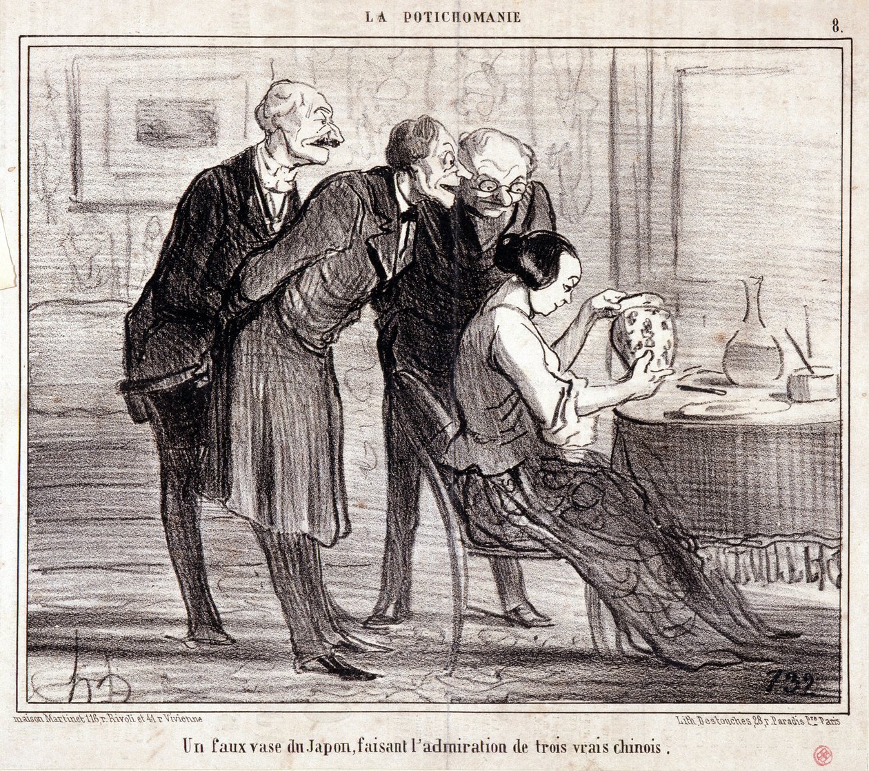 Caricatura sobre coleccionistas de arte. Serie "Potichomania": Un jarrón falso de Japón admirando a tres chinos. Grabado de Honoré Daumier (1808-1879). Extracto del periódico "Le Charivari" de Honoré Daumier