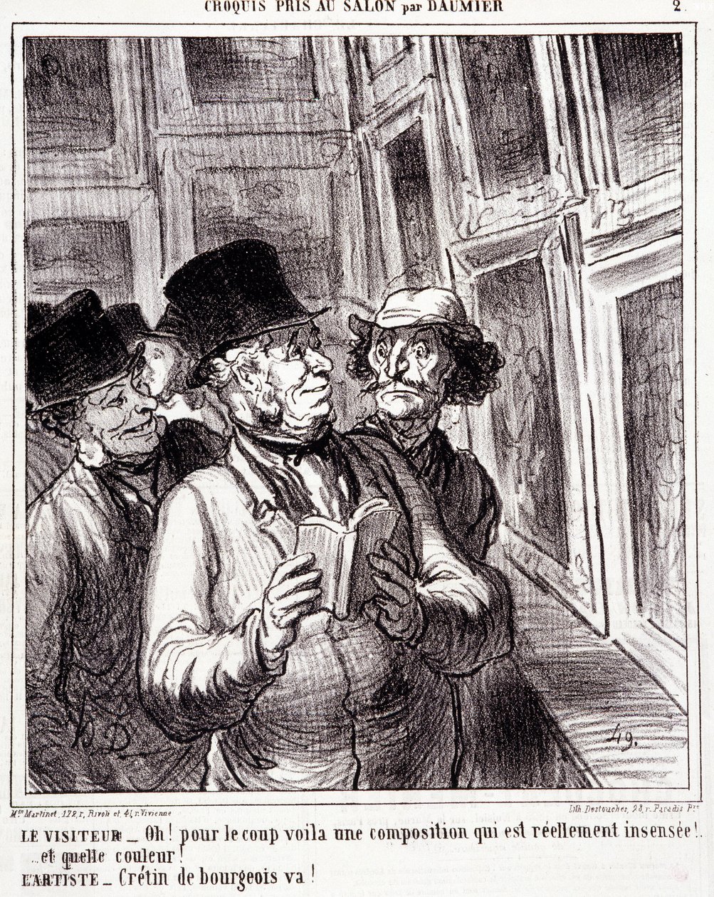Caricatura sobre amantes del arte. Serie “Boceto tomado en el Salón por Daumier”: “Visitante: ¡Oh! por el golpe aquí hay una composición realmente insensata (...). Artista: ¡Burgués cretino, ve!”. Grabado por Honoré Daumier (1808-1879). Extracto del periód de Honoré Daumier