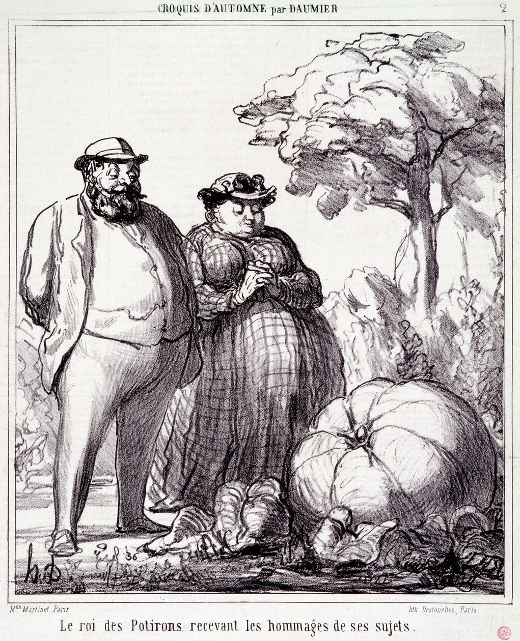 Caricatura sobre jardinería. Serie "Boceto de Otoño": El Rey de las Calabazas recibiendo tributos de sus súbditos. Grabado de Honoré Daumier (1808-1879). Extracto del periódico "Le Charivari" del 23 de septiembre de Honoré Daumier