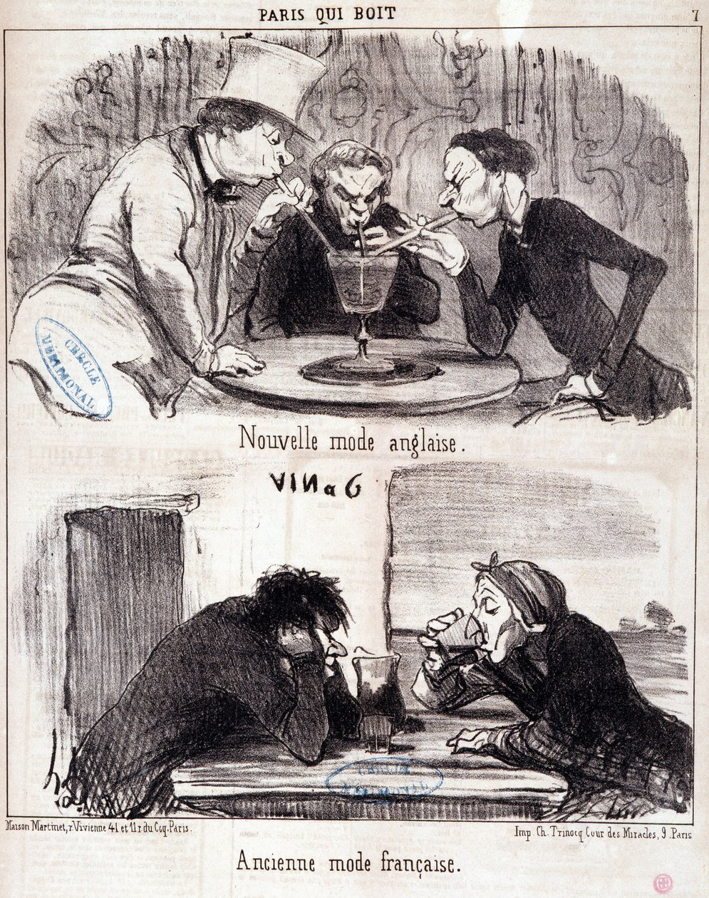 Caricatura sobre abuso gastronómico. Serie “París que bebe”: nueva moda inglesa y antigua moda francesa. Grabado por Honoré Daumier (1808-1879). Extracto del periódico “Le Charivari” 23 de junio de 1852 Dim 37x26 cm Inv D 2312 - caja 24 N°7. Marsella, Muse de Honoré Daumier