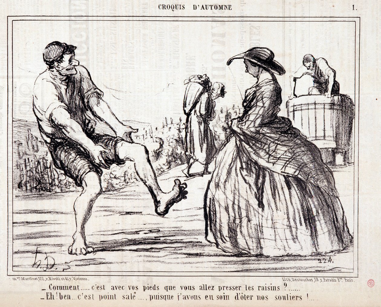Caricatura sobre cosechadores pisando uvas descalzos. Serie "Boceto de Otoño": ¿Cómo... vas a exprimir las uvas con los pies? Grabado de Honoré Daumier (1808-1879). Extracto del periódico "Le Charivari" de Honoré Daumier
