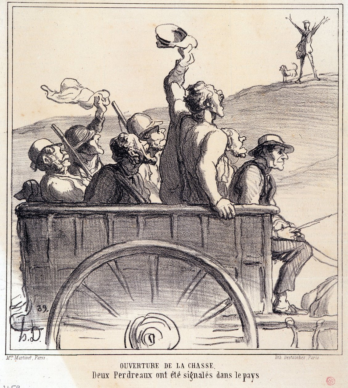 Caricatura sobre cazadores. Serie “Boceto de otoño: Apertura de la caza, dos perdices fueron señaladas en el campo”, de los periódicos "Le Charivari" de Honoré Daumier