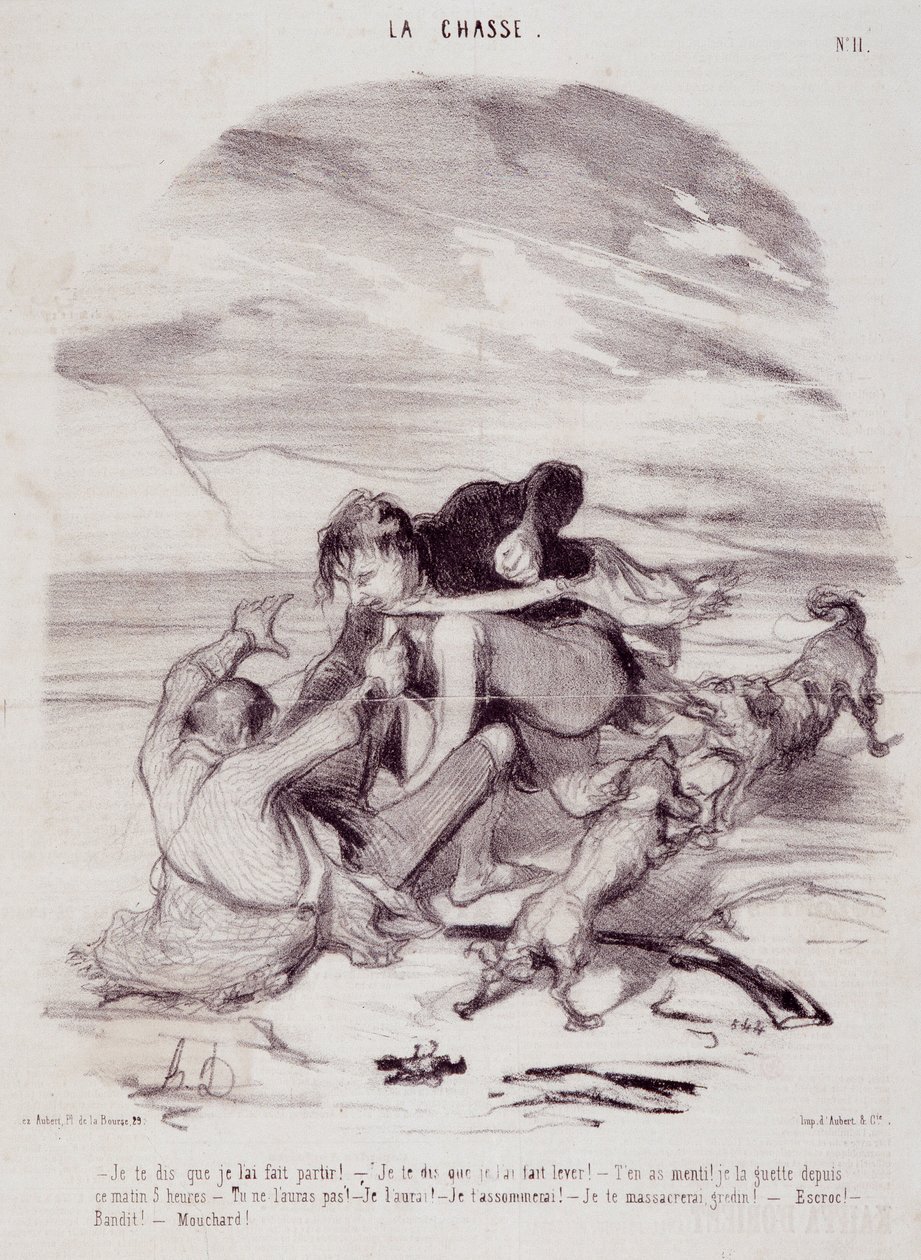 Caricatura sobre cazadores. Serie "Los hermosos días de la vida - La caza": "Te digo que lo hice irse..." Grabado por Honoré Daumier (1808-1879). Extracto del periódico "Le Charivari" el 10 de enero de Honoré Daumier