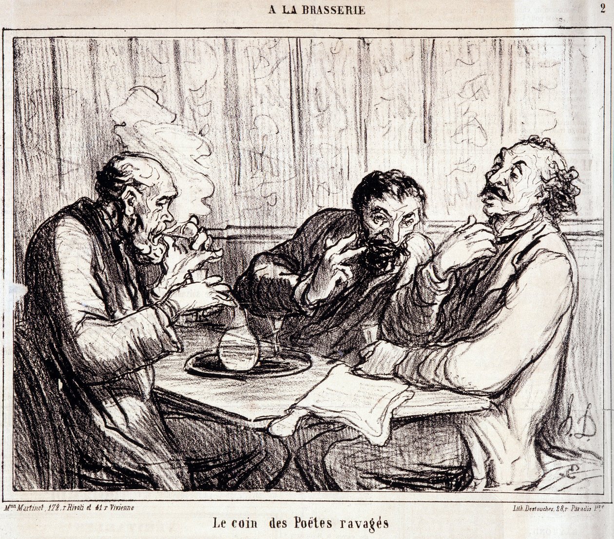 Caricatura sobre poetas. Serie “A la brasserie”: El rincón de los poetas devastados. Extracto del periódico “Le Charivari” 7 de enero de Honoré Daumier