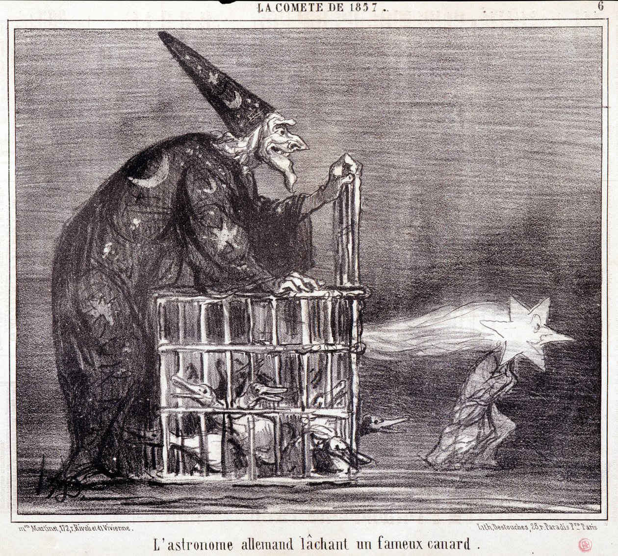 Caricatura sobre la ciencia. Serie Sobre “el Cometa de 1857”: “El astrónomo alemán dejando un pato famoso”. Grabado de Honore DAUMIER (1808-1879). Extracto del periódico “Le Charivari” 2 de marzo de Honoré Daumier