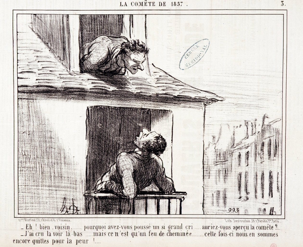 Caricatura sobre la ciencia. Serie sobre "El cometa de 1857": "Bueno vecino... ¿por qué hiciste tal grito?..." Grabado de Honoré Daumier (1808-1879). Extracto del periódico "Le Charivari" del 11 de marzo de Honoré Daumier