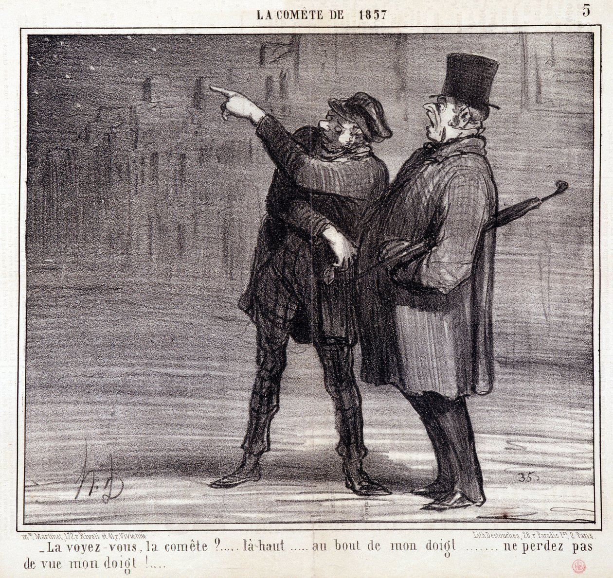 Caricatura sobre la ciencia. Serie sobre "el Cometa de 1857": "¿Ves el comité?..." Un ladrón desvía la atención de su víctima. Grabado por Honore Daumier. Extracto del periódico "Le Charivari" 19 de marzo de Honoré Daumier