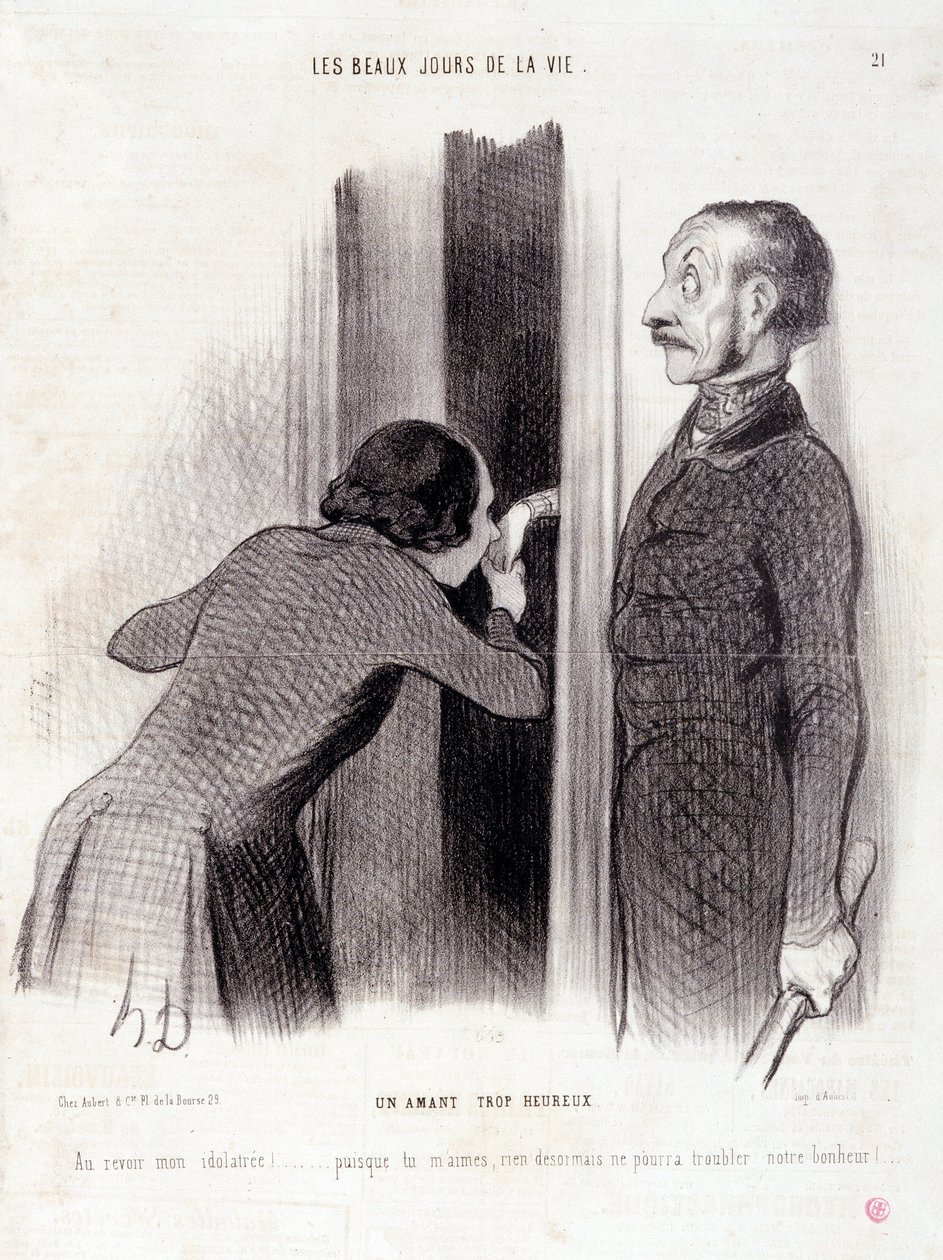 Caricatura sobre la pareja. Serie “Los Bellos Días de la Vida”: Un amante demasiado feliz... Extracto del periódico “Le Charivari” 1 de septiembre de Honoré Daumier