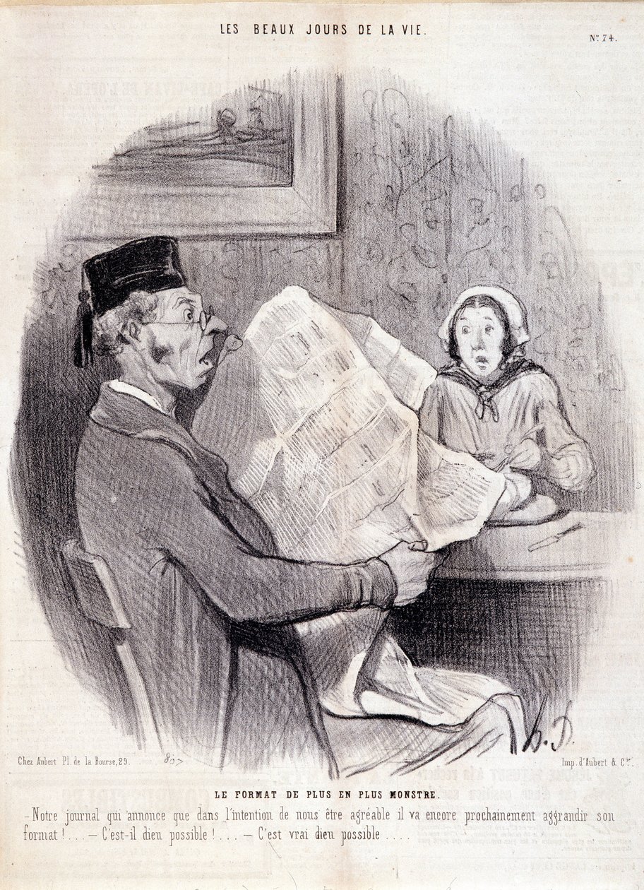 Caricatura sobre la prensa. Serie "Los hermosos días de la vida": "El formato cada vez más monstruoso...". Grabado por Honoré Daumier (1808-1879). Extracto del periódico "Le Charivari" el 18 de octubre de Honoré Daumier