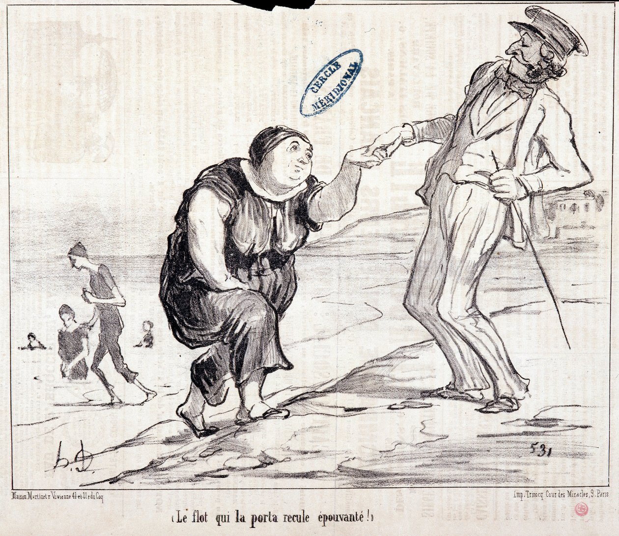 Caricatura sobre turistas de vacaciones. Serie “Ax Bains de Mer: “¡La inundación que lo llevó de vuelta aterradora!”. Grabado por Honoré Daumier (1808-1879). Extracto del periódico “Le Charivari” de Honoré Daumier