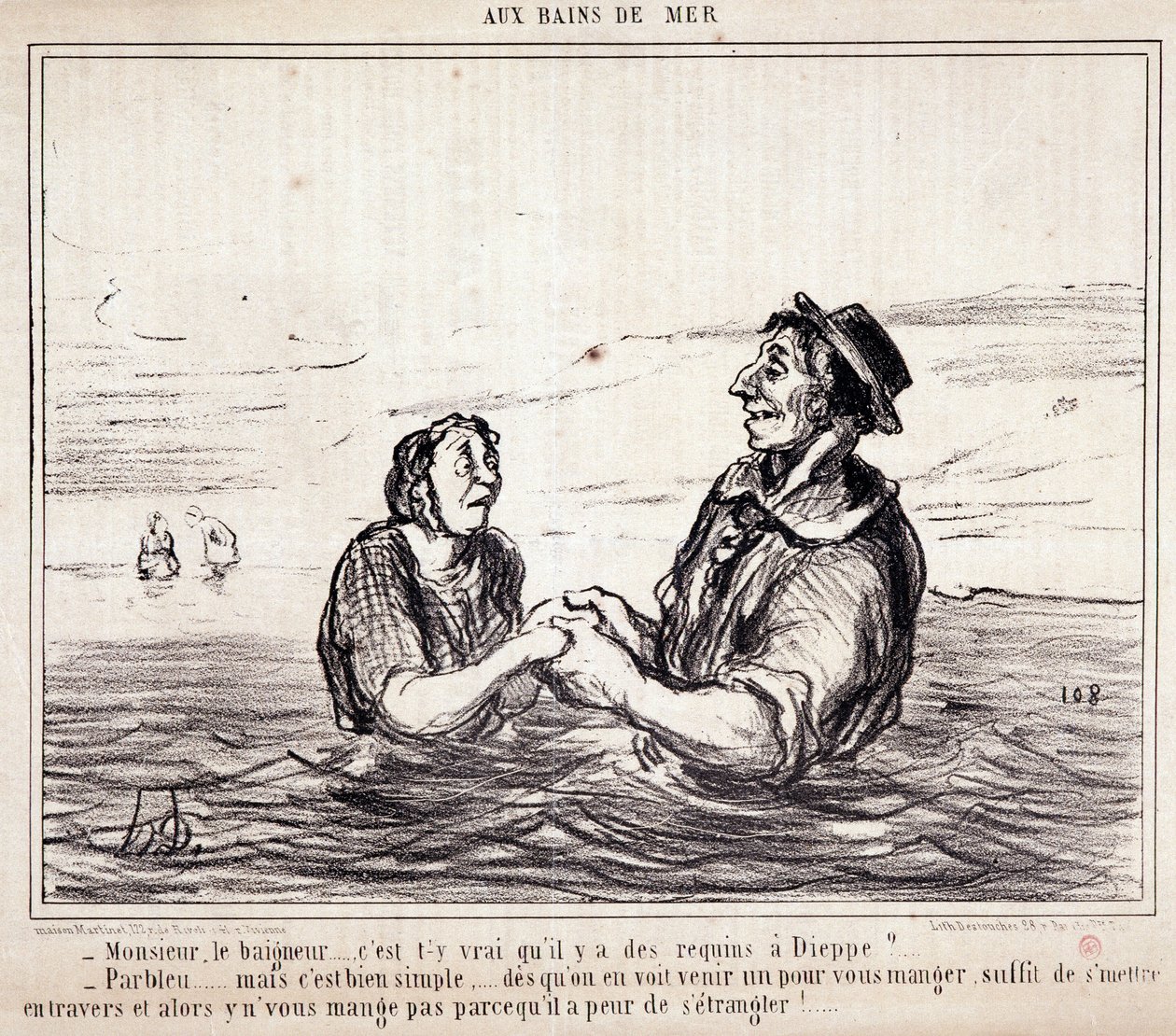 Caricatura sobre turistas de vacaciones. Serie “en los Baños de Mar”: “Señor bañista... ¿es cierto que hay tiburones en Dieppe?...” Grabado de Honore DAUMIER (1808-1879). Extracto del periódico “Le Charivari” el 8 de junio de Honoré Daumier