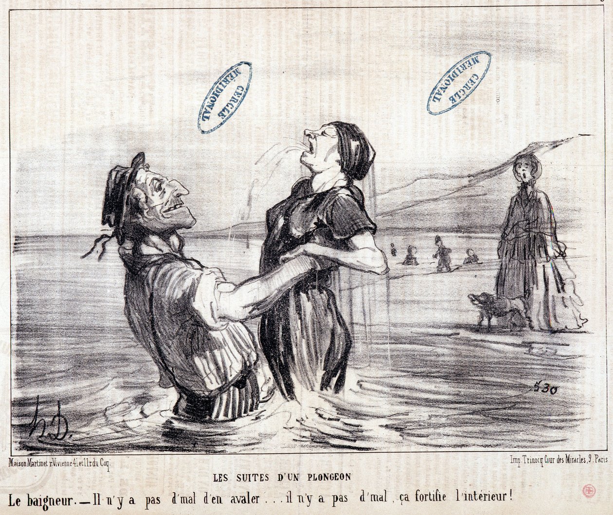 Caricatura sobre turistas de vacaciones. Serie “Les Bains de Mer”: Boceto acuático. Las secuencias de un clavado. Extracto del periódico “Le Charivari” en 1853 de Honoré Daumier