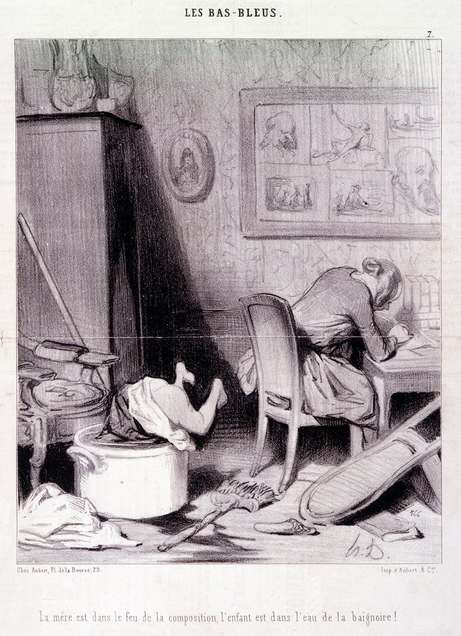 Caricatura sobre escritoras. Serie "Bas Bleus": "La madre está en el fuego de la composición, el niño está en el agua del baño!". Grabado de Honoré Daumier (1808-1879). Extracto del periódico "Le Charivari" del 20 de febrero de Honoré Daumier