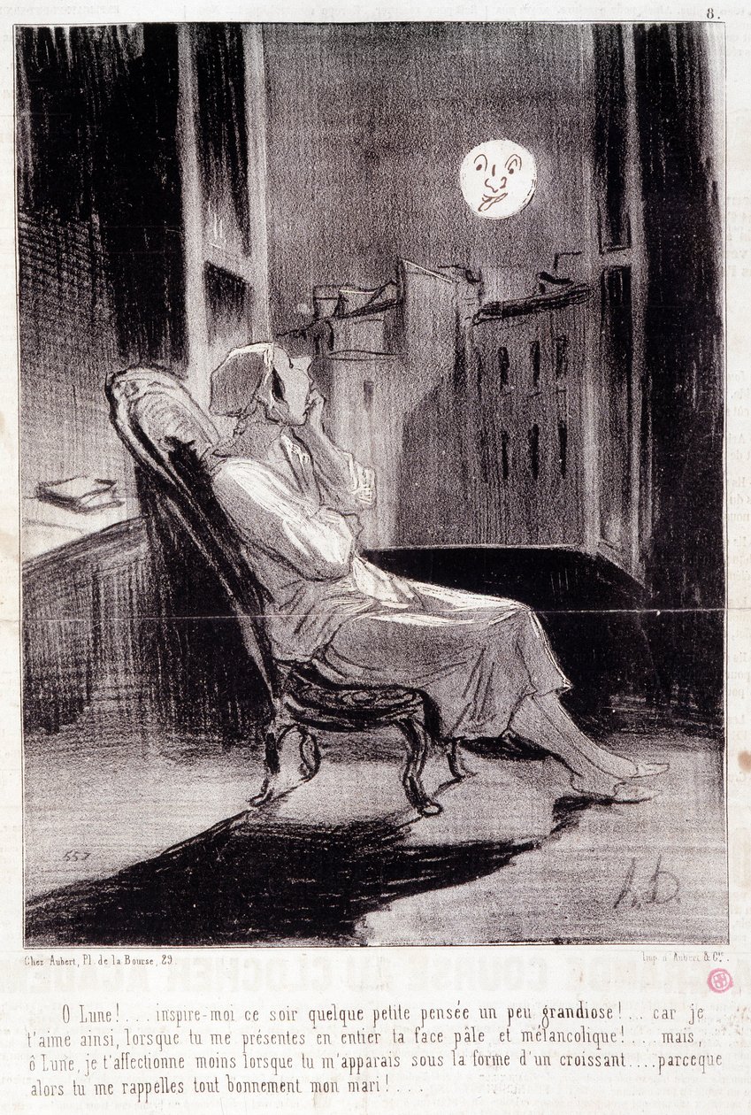 Caricatura sobre escritoras. Serie “Bas Bleus”: ¡Oh! Luna, inspírame esta noche... Extracto del periódico “Le Charivari” 28 de febrero de Honoré Daumier
