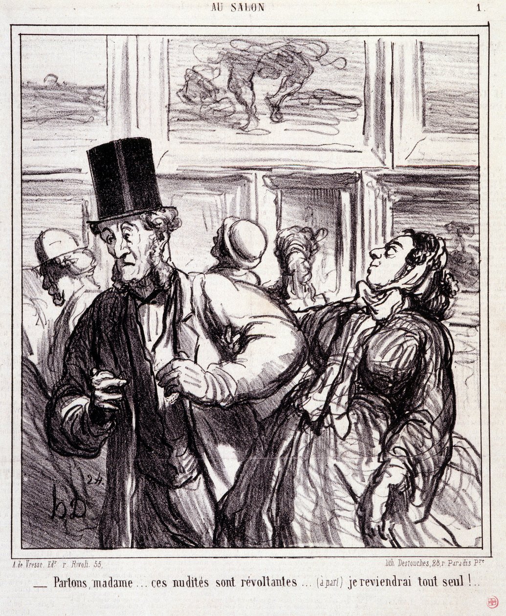 Caricatura sobre amantes del arte: Serie "En el salón": Dejemos a madame... estas desnudez son revoltantes... Volveré solo. Grabado de Honoré Daumier (1808-1879). Extracto del periódico "Le Charivari" del 5 de mayo de Honoré Daumier