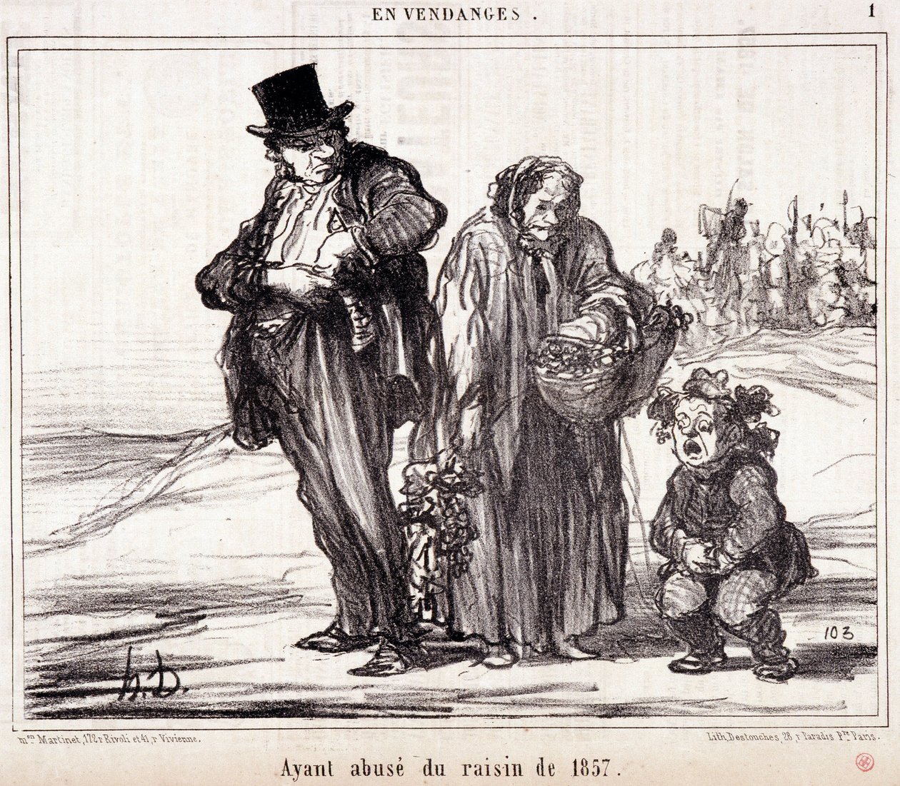 Caricatura sobre viticultura. Serie "Boceto de otoño": "En la cosecha. Habiendo abusado de las uvas de 1857" Grabado por Honoré Daumier (1808-1879). Extracto del periódico "Le Charivari" el 16 de octubre de Honoré Daumier