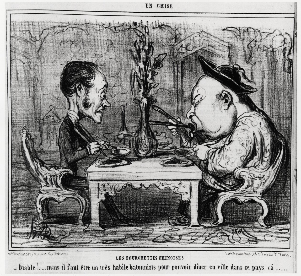Tenedores chinos: “¡Diablo! pero tienes que ser un bastonista muy hábil para poder cenar en la ciudad en este país.”, en serie En Chine, ilustración de Honore Daumier (1808-1879), publicada en “Charivari” de Honoré Daumier