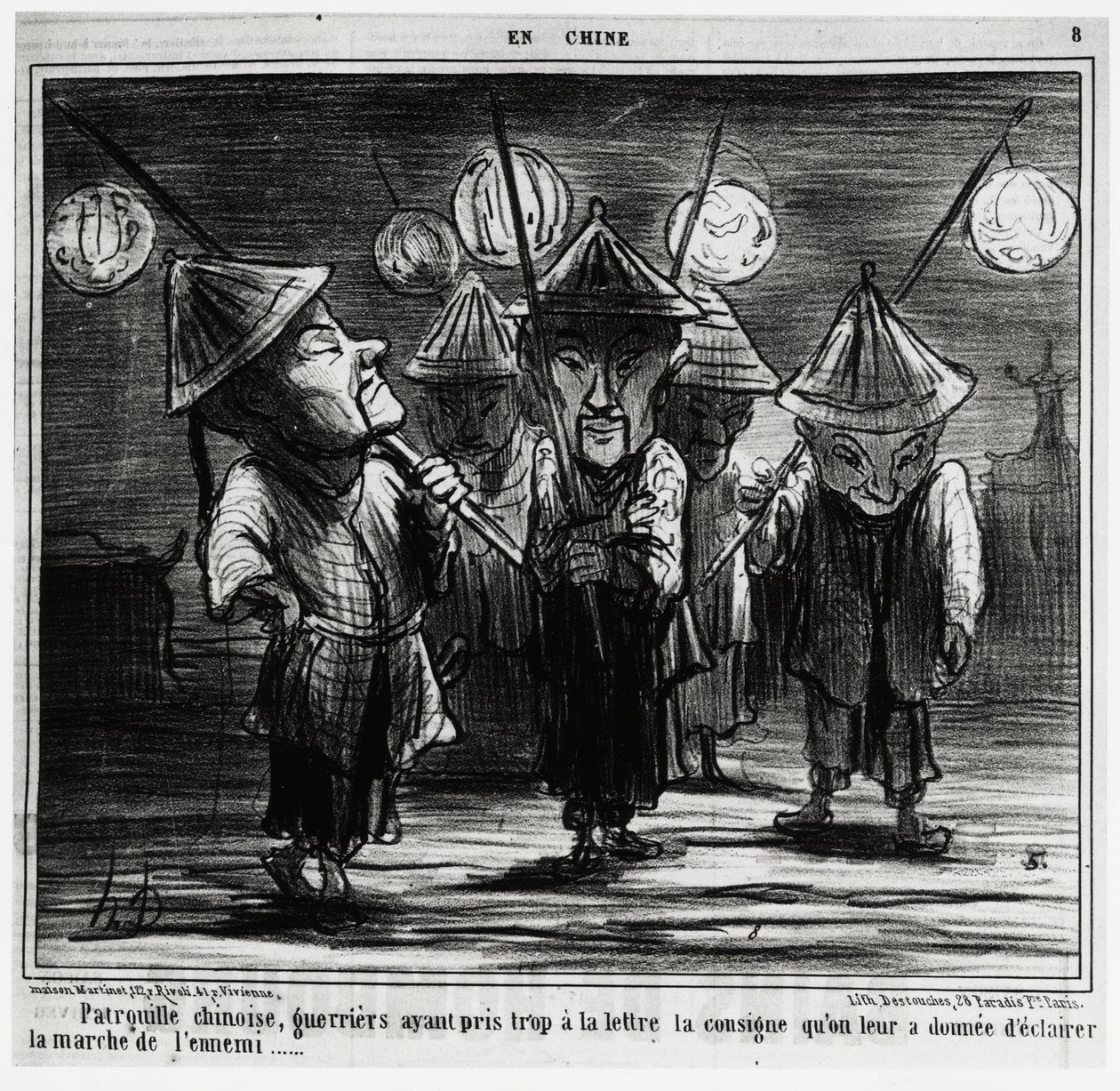 Patrulla china, guerreros que tomaron demasiado al pie de la letra las instrucciones que les dieron para iluminar la marcha del enemigo. En la serie En Chine, ilustración de Honoré Daumier, publicada en “Charivari”, fechada el 25 de enero de Honoré Daumier