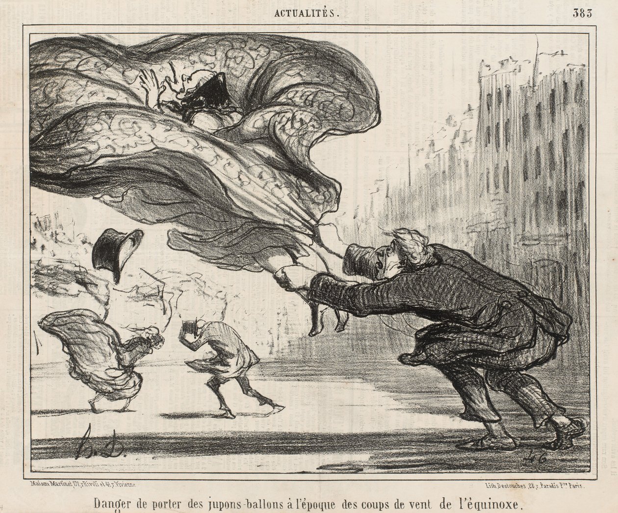 Peligro de llevar faldas-globo en la época de los vientos del equinoccio, publicado el 3 de abril de Honoré Daumier