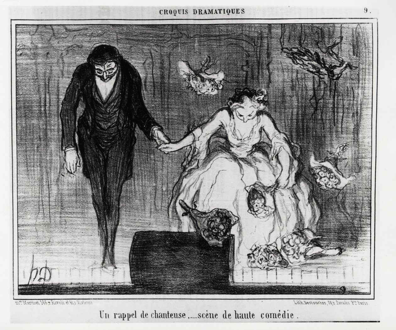 Bocetos dramáticos: un recordatorio de cantante, escena de alta comedia. Ilustración de Honoré Daumier, publicada en 