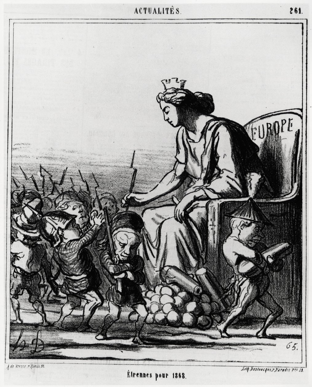 Europa: extranjera para 1868. Europa distribuye armas y cañones a cada representante de los países, reconocibles por su sombrero. Ilustración de Honoré Daumier, publicada en las noticias, “Charivari”, fechada el 23 de diciembre de 1867 de Honoré Daumier