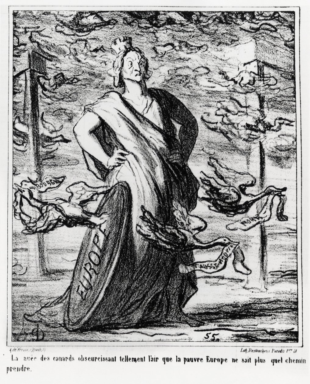 Europa: la nube de patos oscureciendo el aire tanto que la pobre Europa ya no sabe qué camino tomar. Ilustración de Honoré Daumier, publicada en las noticias, “Charivari”, fechada el 22 de octubre de Honoré Daumier